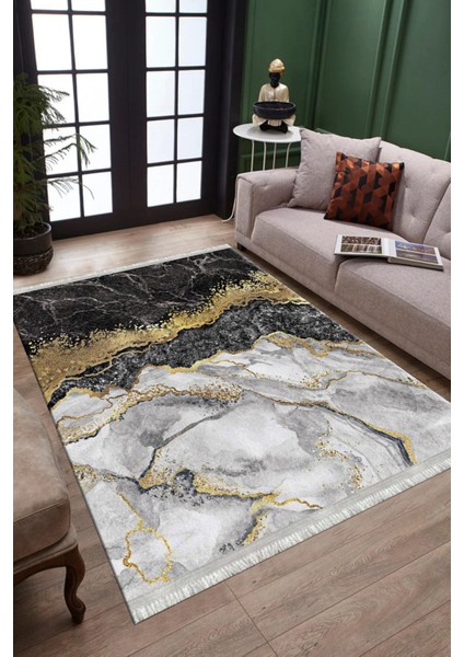 Siyah Mermer Desenli Altın Şeritli Halı Yıkanabilir Kaymaz Tabanlı Kilim Dot Tabanlı Halı 1025D fiyatları