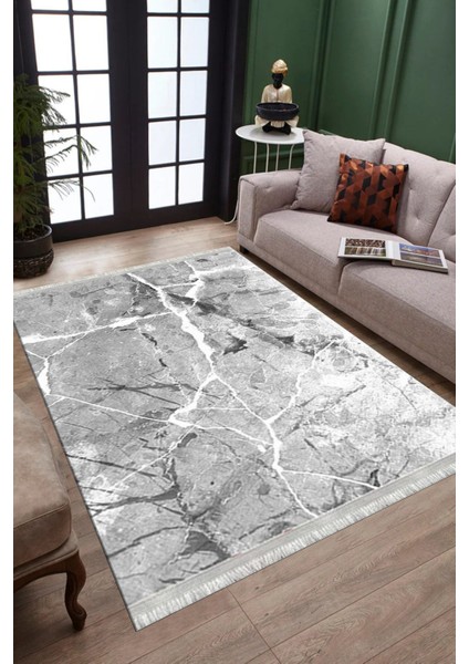 Stone Desenli Gri Halı Yıkanabilir Yolluk Kaymaz Tabanlı Kilim Dot Tabanlı Halı 1019B