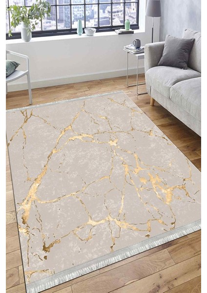 Gold Mermer Desenli Halı Yıkanabilir Yolluk Kaymaz Tabanlı Kilim Dot Tabanlı Halı 1018C