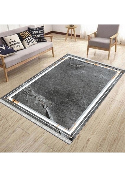 Gri Pas Detaylı Kilim Makinede Yıkanabilir Kilim Kaymaz Tabanlı Yolluk Dot Tabanlı Halı 1076A