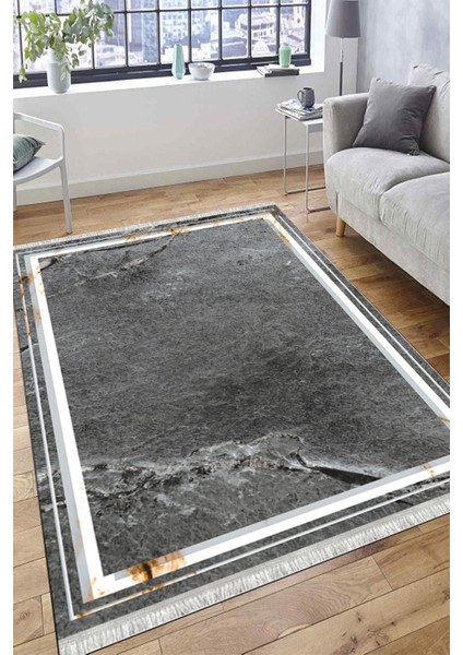 Gri Pas Detaylı Kilim Makinede Yıkanabilir Kilim Kaymaz Tabanlı Yolluk Dot Tabanlı Halı 1076A modelleri