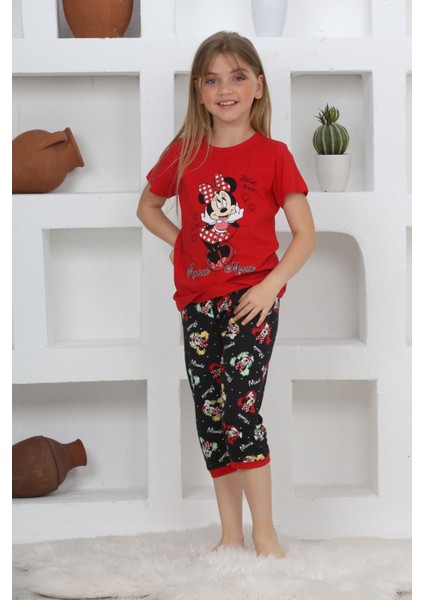 (11-14 Yaş) Mnn Ms Desenli Kız Çocuk kapri takım - Kırmızı