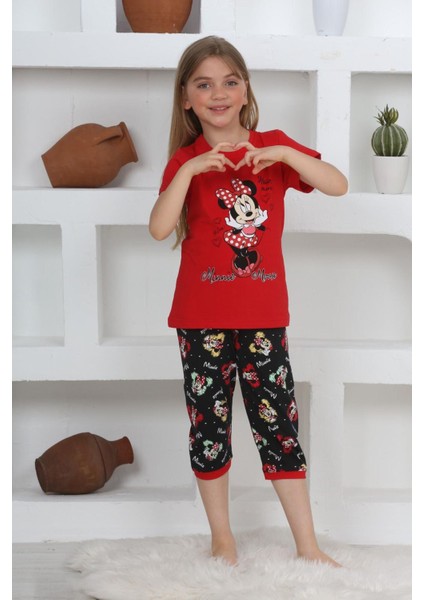 (11-14 Yaş) Mnn Ms Desenli Kız Çocuk kapri takım - Kırmızı modelleri
