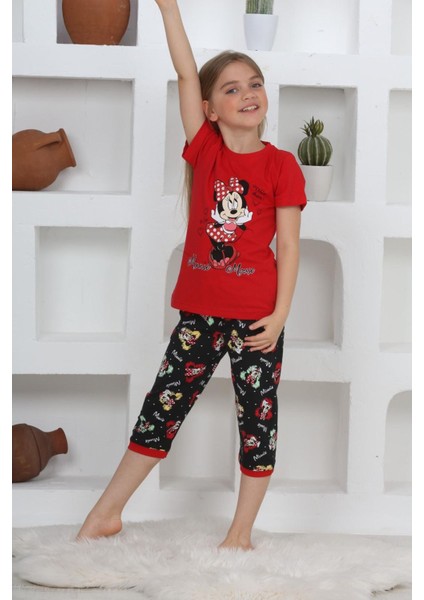 (11-14 Yaş) Mnn Ms Desenli Kız Çocuk kapri takım - Kırmızı indirimleri