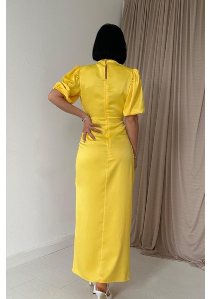 Sarı Büzgülü Saten Elbise modelleri