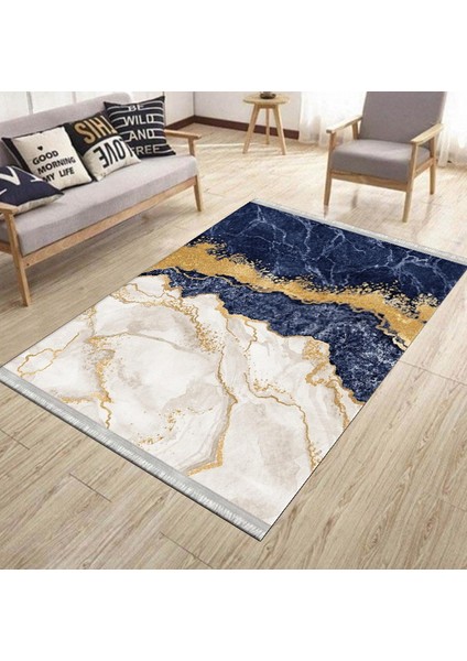 Lacivert Mermer Desenli Gold Şeritli Halı Yıkanabilir Kaymaz Tabanlı Kilim Dot Tabanlı Halı 1025A
