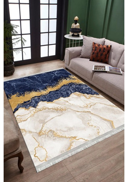 Lacivert Mermer Desenli Gold Şeritli Halı Yıkanabilir Kaymaz Tabanlı Kilim Dot Tabanlı Halı 1025A fiyatları