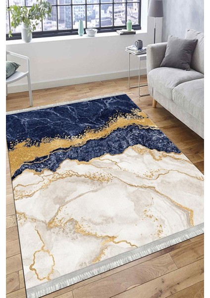 Lacivert Mermer Desenli Gold Şeritli Halı Yıkanabilir Kaymaz Tabanlı Kilim Dot Tabanlı Halı 1025A modelleri