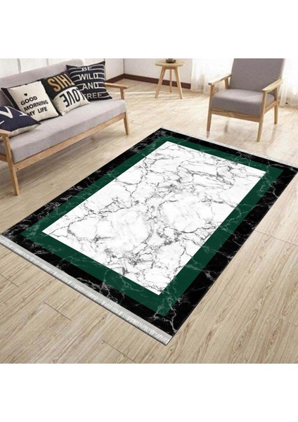 Yeşil Çerçeveli Halı Mermer Desenli Kilim Yıkanabilir Kaymaz Tabanlı Kilim Dot Tabanlı Halı 1062A