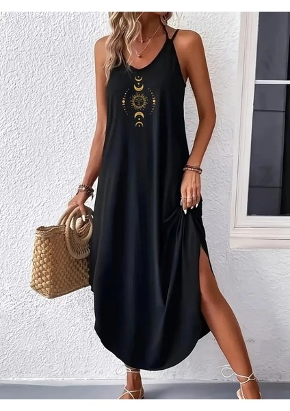 Kadın Askılı V Yakalı Desenli Uzun Viskon Elbise