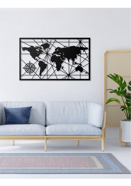 Geometrik Pusula Tasarımlı Dünya Haritası Temalı Dekoratif Modern Metal Duvar Tablosu modelleri