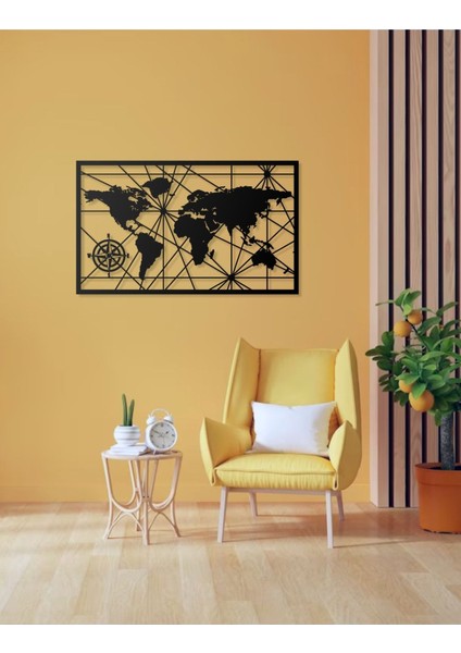 Geometrik Pusula Tasarımlı Dünya Haritası Temalı Dekoratif Modern Metal Duvar Tablosu fırsatları