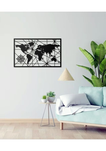 Geometrik Pusula Tasarımlı Dünya Haritası Temalı Dekoratif Modern Metal Duvar Tablosu