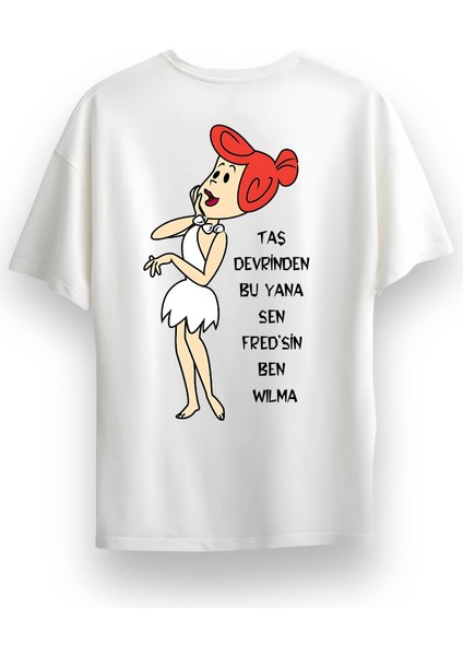 Unisex Oversize Bisiklet Yaka Taş Devri Vilma Baskılı Kısa Kollu Beyaz Tişört