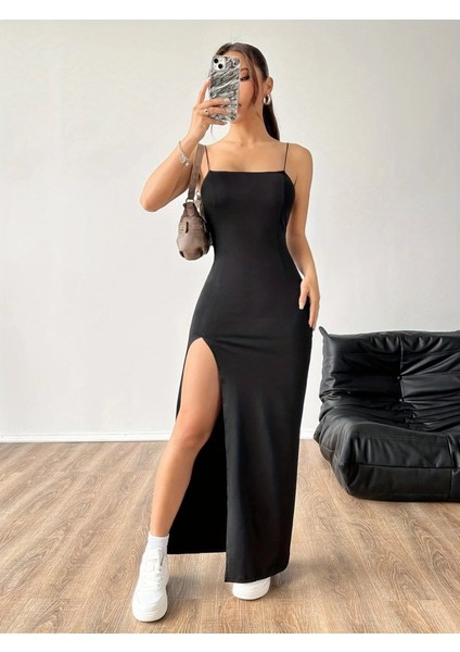Kadın Ip Askılı Yandan Yırtmaçlı Janjan Krep Elbise fırsatları