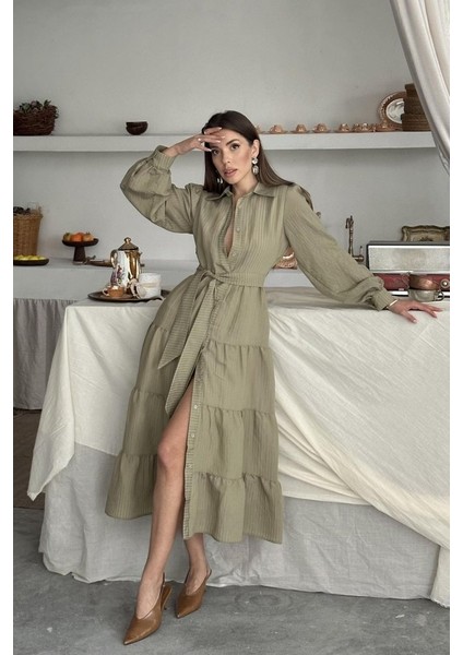 Çağla Çizgi Desenli Uzun Elbise