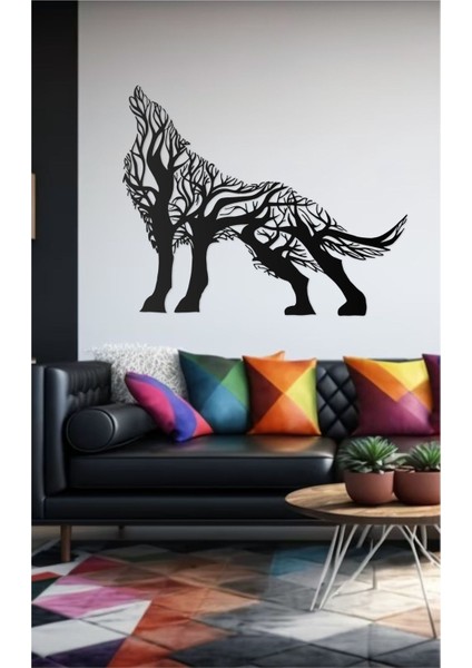 Ağaç Desenli Bozkurt Silüeti Tasarımlı Hayvan Figürlü Metal Dekoratif Modern Duvar Tablosu