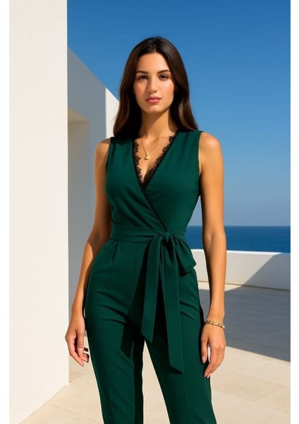 Kadın Kruvaze Yaka Dantel Güpür ve Kuşak Detay Tulum fiyatları