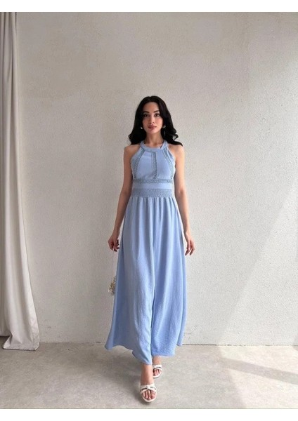 Kadın Krinkil Kumaş Beli Gipeli Halter Yaka Maxi Boy Elbise