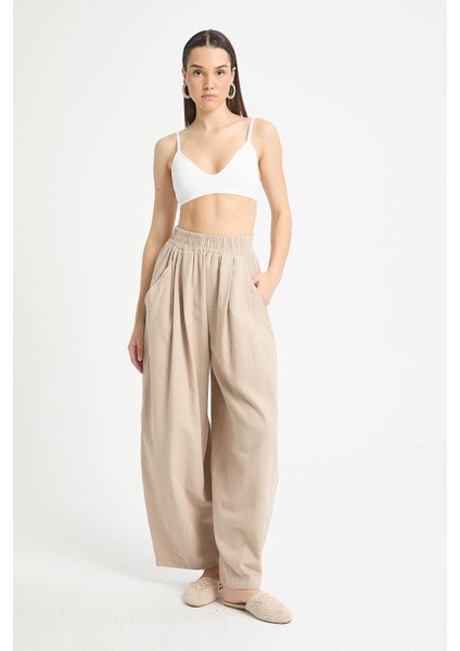 Bej %100 Pamuk Oversize Tasarım Pantolon 29210