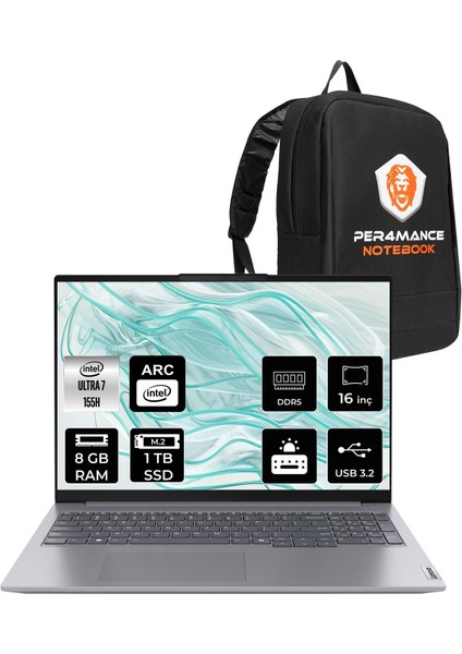 Thinkbook 16 Gen 7 Intel Core Ultra 7 155H 8gb 1tb SSD 16" Fhd+ Freedos Taşınabilir Bilgisayar & Per4 Çanta 21MS008RTRP303