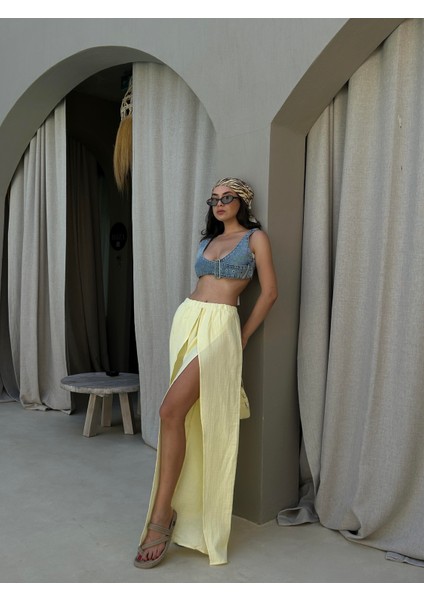 Sarı Yırtmaç Detaylı Müslin Pantolon 29231