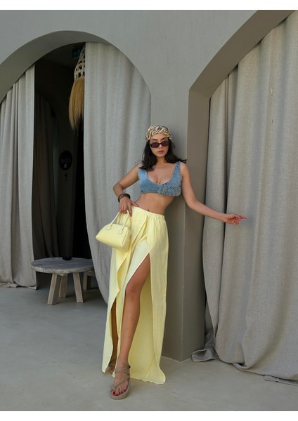 Sarı Yırtmaç Detaylı Müslin Pantolon 29231 fırsatları