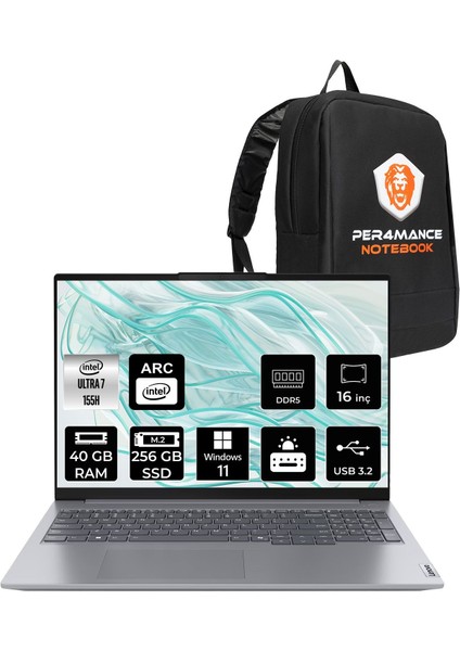 Thinkbook 16 Gen 7 Intel Core Ultra 7 155H 40GB 256GB SSD 16" Fhd+ Windows 11 Home Taşınabilir Bilgisayar & Per4 Çanta 21MS008RTRP361 fiyatları