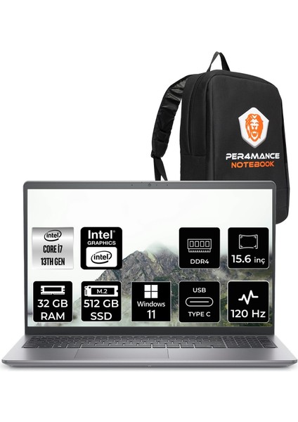 Vostro 3530 Intel Core I7 1355U 32GB 512GB SSD 15.6" Fhd 120Hz Windows 11 Pro Taşınabilir Bilgisayar & Per4 Çanta N1605PVNB3530P427