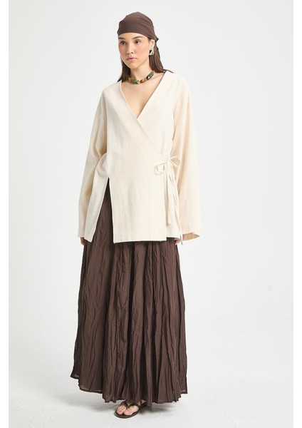 Ekru Yırtmaç Detaylı Bağlamalı Uzun %100 Pamuk Kimono 29211