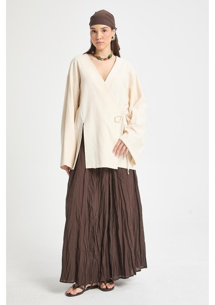 Ekru Yırtmaç Detaylı Bağlamalı Uzun %100 Pamuk Kimono 29211 modelleri