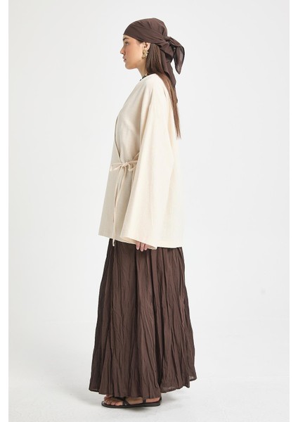 Ekru Yırtmaç Detaylı Bağlamalı Uzun %100 Pamuk Kimono 29211 fırsatları