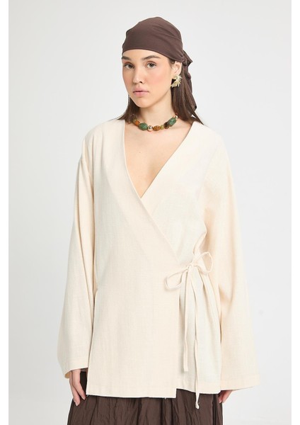 Ekru Yırtmaç Detaylı Bağlamalı Uzun %100 Pamuk Kimono 29211 indirimleri