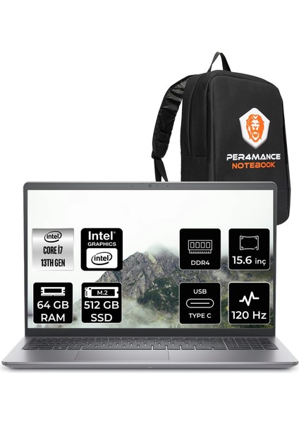 Vostro 3530 Intel Core I7 1355U 64GB 512GB SSD 15.6" Fhd 120Hz Freedos Taşınabilir Bilgisayar & Per4 Çanta N1605PVNB3530P347