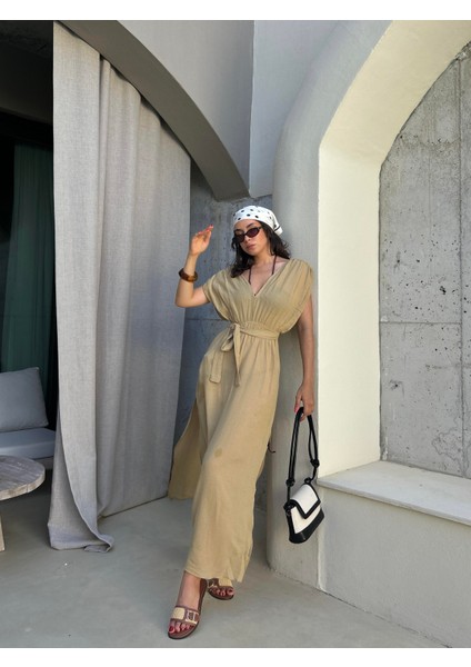 Yağ Yeşili Pamuk Kumaş Uzun Pareo Plaj Elbisesi 29262