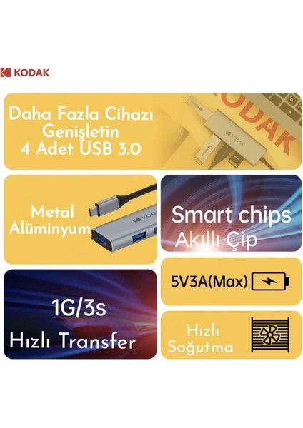 4'ün 1'i Hub Çoklayıcı CE Lisanslı Laptop/Bilgisayar-Macbook/Type-C Girişli 4 Adet Usb Girişli Metal Aleminyum Sağlam 5Gbps Hızlı fiyatları