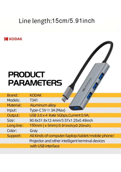 4'ün 1'i Hub Çoklayıcı CE Lisanslı Laptop/Bilgisayar-Macbook/Type-C Girişli 4 Adet Usb Girişli Metal Aleminyum Sağlam 5Gbps Hızlı