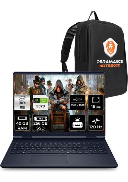 Alienware 16 Aurora Intel Core 9 270H 40GB 256GB SSD RTX5070/8GB 16" Qhd+ 120Hz Freedos Taşınabilir Bilgisayar & Per4 Çanta AC16250C932157WP321