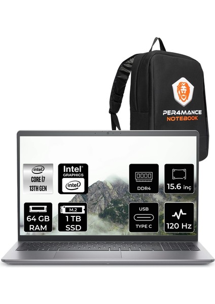 Vostro 3530 Intel Core I7 1355U 64GB 1tb SSD 15.6" Fhd 120Hz Freedos Taşınabilir Bilgisayar & Per4 Çanta N1605PVNB3530P348