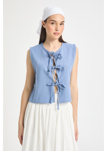 Indigo Bağcıklı Kısa %100 Pamuk Yelek 29204 indirimleri