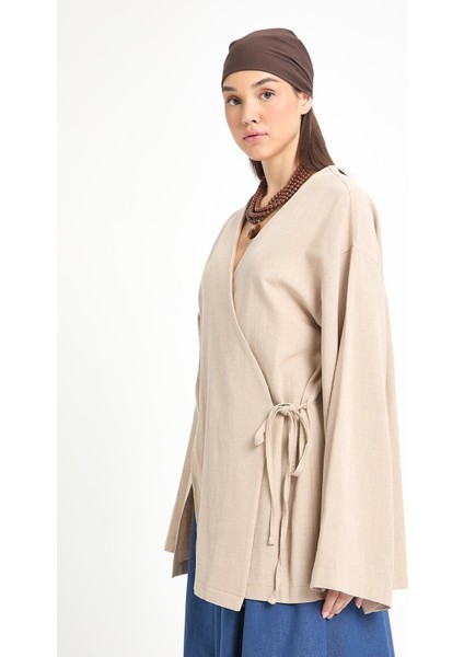 Bej Yırtmaç Detaylı Bağlamalı Uzun %100 Pamuk Kimono 29211