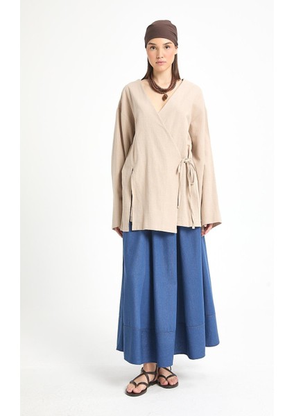 Bej Yırtmaç Detaylı Bağlamalı Uzun %100 Pamuk Kimono 29211 fiyatları