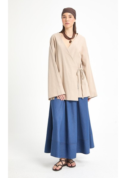 Bej Yırtmaç Detaylı Bağlamalı Uzun %100 Pamuk Kimono 29211 modelleri