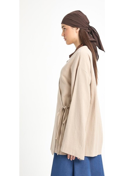 Bej Yırtmaç Detaylı Bağlamalı Uzun %100 Pamuk Kimono 29211 indirimleri