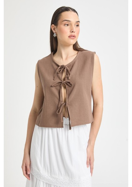 Kahve Bağcıklı Kısa %100 Pamuk Yelek 29204