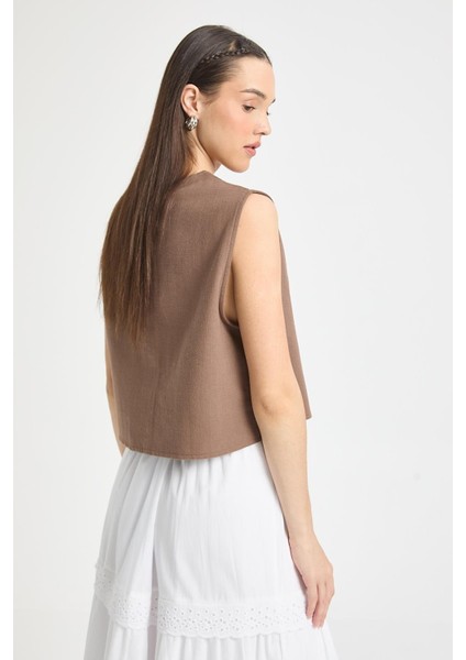 Kahve Bağcıklı Kısa %100 Pamuk Yelek 29204 fiyatları