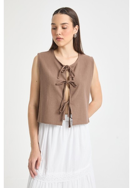 Kahve Bağcıklı Kısa %100 Pamuk Yelek 29204 fırsatları