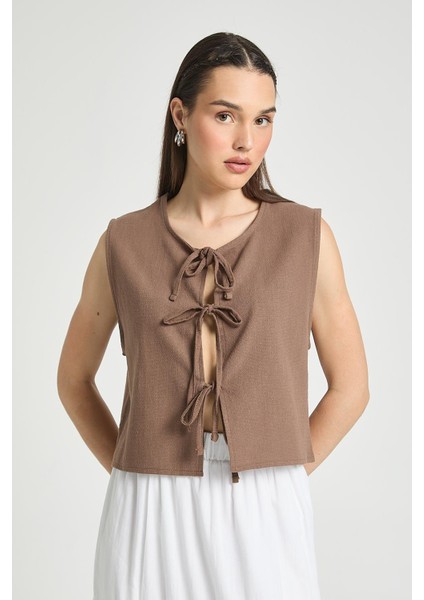 Kahve Bağcıklı Kısa %100 Pamuk Yelek 29204 indirimleri