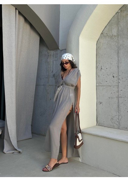 Gri Pamuk Kumaş Uzun Pareo Plaj Elbisesi 29262 modelleri
