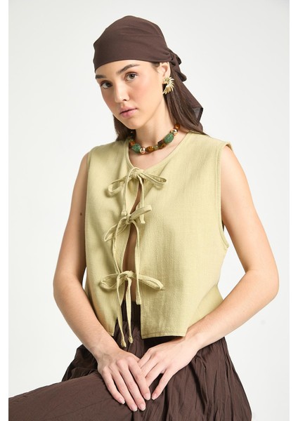 Yağ Yeşili Bağcıklı Kısa %100 Pamuk Yelek 29204